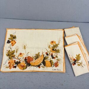 7pc Vtg Signed Luther Travis Fall Harvest Linen Set 4 Placemats‎ 3 Napkins Wheat